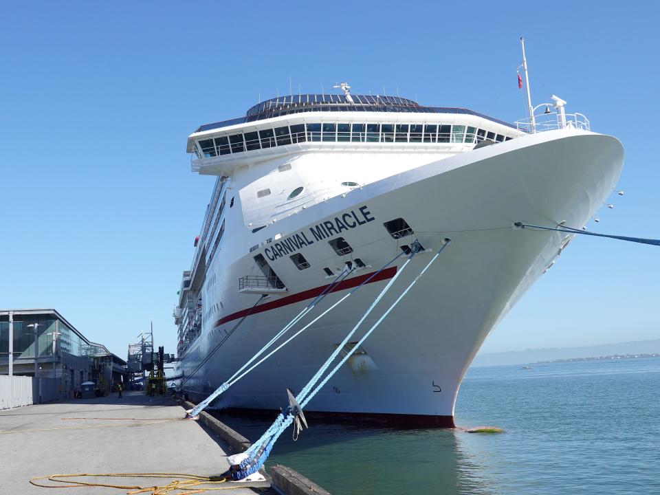 The Carnival Miracle cruise ship operated by Carnival Cruise Lines sits docked at Pier 27 on September 30, 2022 in San Francisco, California.