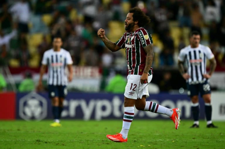 Marcelo celebra un gol de Fluminense ante Alianza Lima en la Copa Libertadores el 29 de mayo de 2024 en Rio de Janeiro (Pablo PORCIUNCULA)
