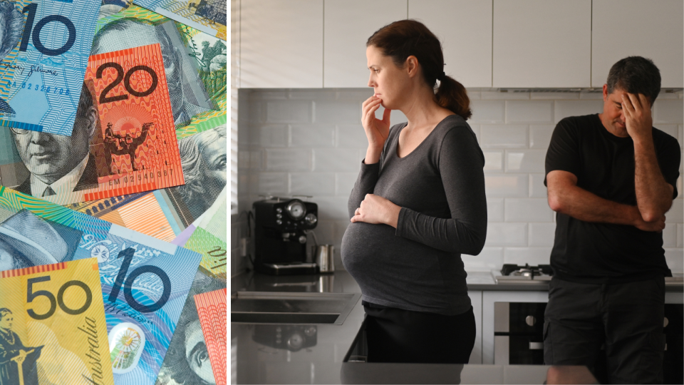 Composite image of Australian bank note money CPI, and a pregnant woman and a man in a kitchen looking concerned.