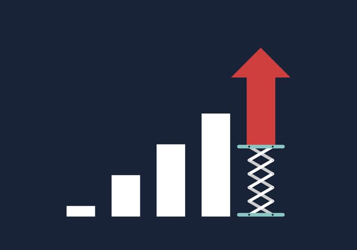 A bar chart with the last and tallest bar represented by a red arrow on a springboard.