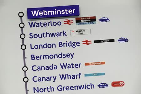 A tube map with a 'Webminster' sticker over it is seen after Amazon rebranded Westminster tube station as a marketing stunt in central London, Britain January 12, 2017. REUTERS/Stefan Wermuth