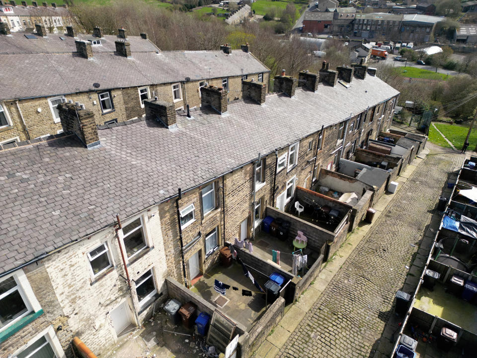House prices COLNE, ENGLAND - APRIL 04: An aerial view of terraced homes on April 04, 2023 in Colne, England. In a foreword for a new collection of essays on housing, Secretary of State of Levelling Up, Housing and Communities Michael Gove writes 