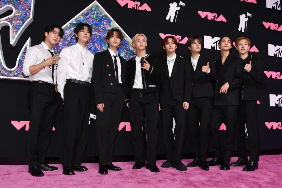 Changbin, I.N, Han, Felix, Lee Know, Seungmin, Hyunjin and Bang Chan of Stray Kids, 2023 mtv vmas red carpet