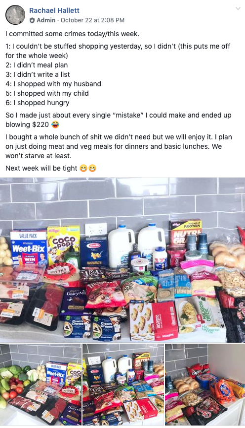 Rachael Hallett shared her budgeting mistakes in a relatable post. Image: Facebook (Mums Who Budget & Save)