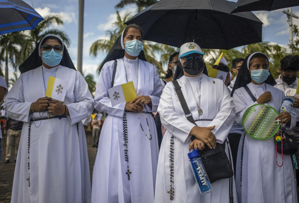 Nuns take part in a procession in Managua, Nicaragua, Saturday, Aug. 13, 2022. The Catholic Church has called on the faithful to peacefully arrive at the Cathedral in Managua Saturday after National Police denied permission for a planned religious procession on “internal security” grounds. (AP Photo)