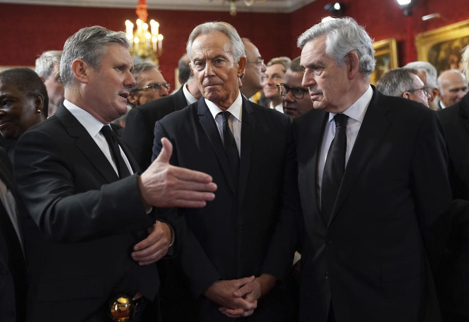 FILE - From left, Labour leader Sir Keir Starmer, former Prime Ministers Tony Blair and Gordon Brown ahead of the Accession Council ceremony at St James's Palace, London, London, Saturday, Sept. 10, 2022, where King Charles III is formally proclaimed monarch. (Kirsty O'Connor/Pool Photo via AP, File)