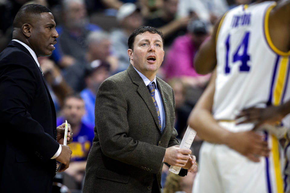 Greg Heiar, seen here in 2019 while working as an assistant at LSU, is suing New Mexico State for breach of contract after he was fired earlier this year.