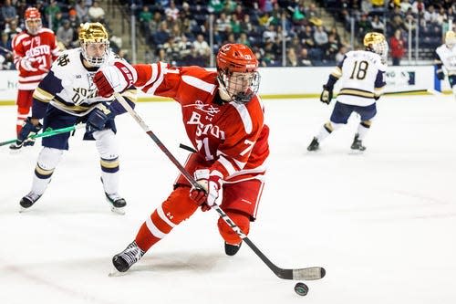 Boston University forward Macklin Celebrini (71) is the top prospect in the 2024 NHL draft.