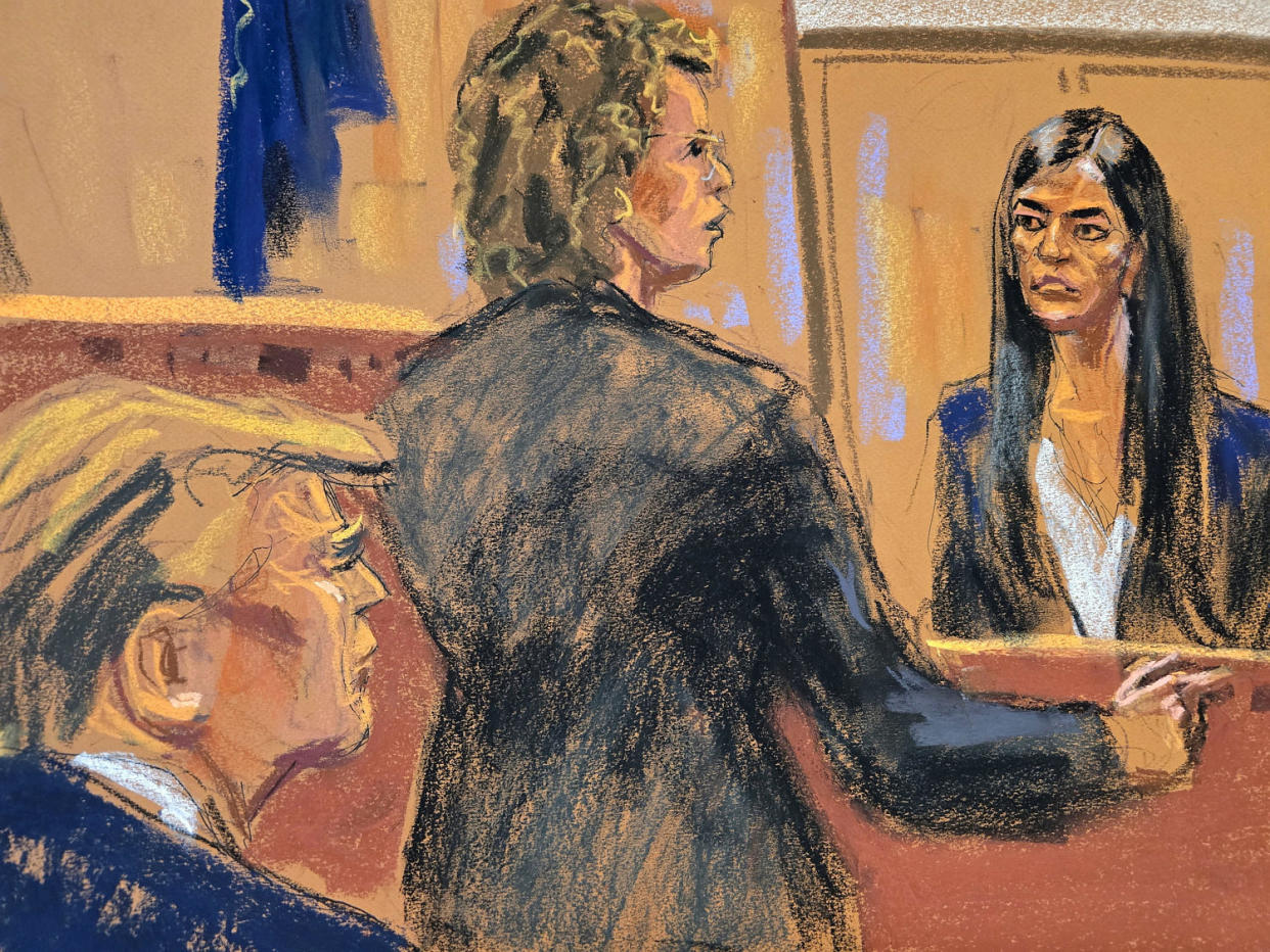 Courtroom sketch of Donald Trump watching as former Director of Oval Office Operations Madeleine Westerhout is cross-examined by defense attorney Susan Necheles (Jane Rosenberg / Reuters)