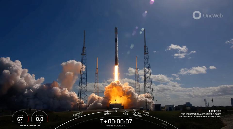 A SpaceX Falcon 9 rocket launches 40 OneWeb internet satellites from Cape Canaveral Space Force Station on March 9, 2023.