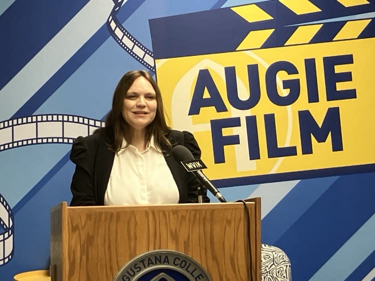 Stacy Barton, director of Augustana College’s film program, spoke at the ribbon cutting Friday, Feb. 16, 2024 at Sorensen Hall, Rock Island (photos by Jonathan Turner).