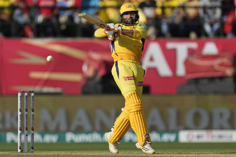 Chennai Super Kings' Ravindra Jadeja bats during the Indian Premier League cricket match between Chennai Super Kings and Punjab Kings in Dharamshala, India, Sunday, May 5, 2024. (AP Photo /Ashwini Bhatia)