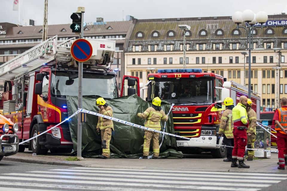 <p>Rescue personnel have cordoned off the area at the Turku Market Square in the Finnish city of Turku where several people were stabbed on Aug. 18, 2017. (Roni Lehti/AFP/Getty Images) </p>