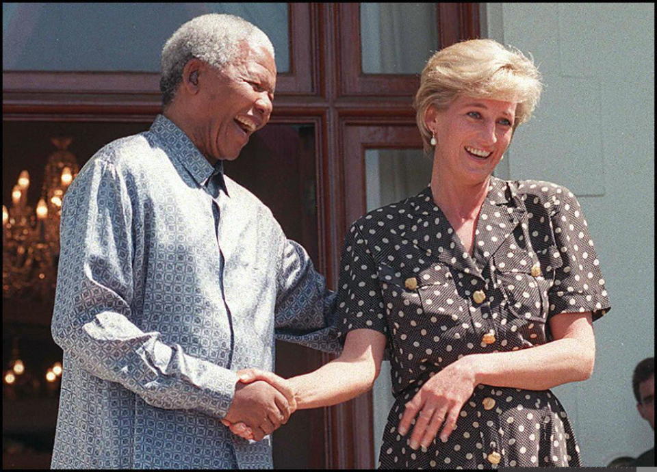 Nelson Mandela and Princess Diana met at the Mandela's home, Goldendale, in Cape Town in March 1997, shortly before her untimely death. (Getty Images)