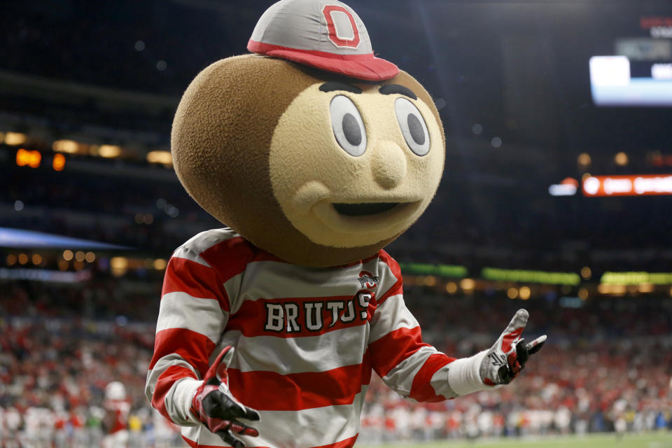 INDIANAPOLIS, INDIANA - DECEMBER 07: Brutus Buckeye, the Ohio State Buckeyes mascot on the field during the Big Ten Championship game against the Wisconsin Badgers at Lucas Oil Stadium on December 07, 2019 in Indianapolis, Indiana. (Photo by Justin Casterline/Getty Images)