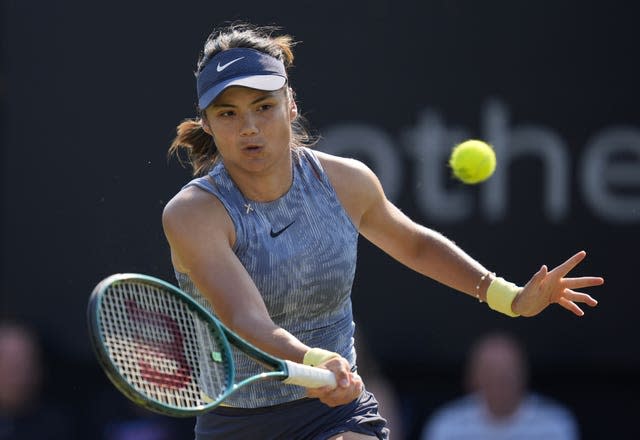 Emma Raducanu hits a volley at Eastbourne 