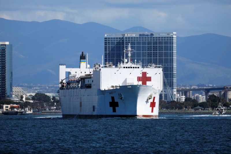 The USNS Mercy, a Navy hospital ship, departs the Naval Station San Diego