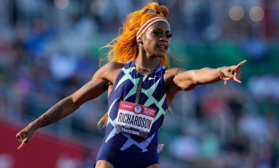 Richardson celebrates after winning the first heat of the semi finals in women’s 100-meter run at the U.S. Olympic Track and Field Trials in June.