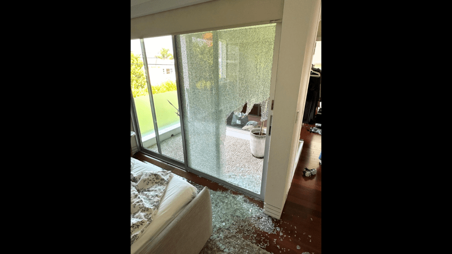 Burglars smashed the glass backyard door of Eddie and Lina's Beverly Grove home on May 2, 2024.