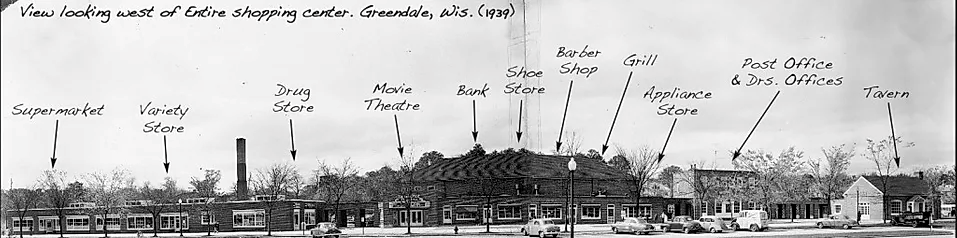 In 1939, downtown Greendale's shopping center featured a wide range of services for locals.