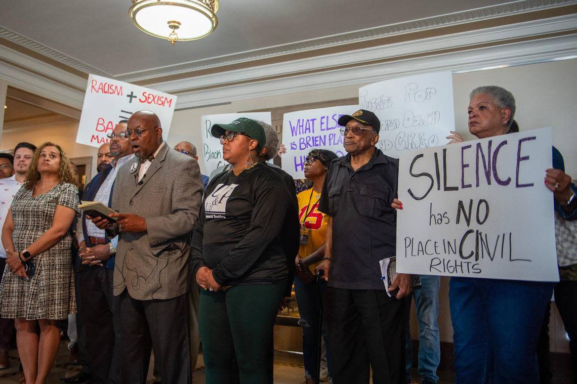 Vernon Howard, president of Kansas City’s chapter of Southern Christian Leadership Conference, speaks during a press conference at City Hall on Thursday, May 4, 2023. The press conference was held by Kansas City civil rights organizations to condemn Kansas City Mayor Quinton Lucas and issue a vote of no confidence in Kansas City Manager Brian Platt. Citing discriminatory policies towards Black women and workers, the groups demanded action by the city council.