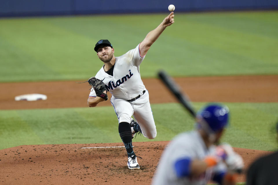 Miami Marlins starting pitcher Daniel Castano throws during the second inning of a baseball game against the New York Mets, Sunday, June 26, 2022, in Miami. (AP Photo/Lynne Sladky)