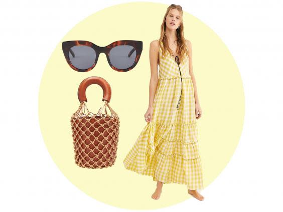 Tiered midi dress (Free People, £178), Le Specs sunglasses (Zalando, £59.99), Staud bucket bag (Matches Fashion, £155)