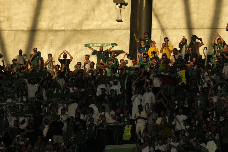 Saudi Arabia fans cheer during the World Cup group C soccer match between Poland and Saudi Arabia, at the Education City Stadium in Al Rayyan , Qatar, Saturday, Nov. 26, 2022. (AP Photo/Francisco Seco)