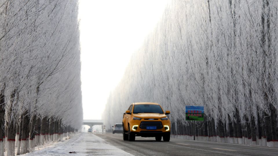 Frost lines the side of a road in China's far western Xinjiang region. - VCG/Getty Images