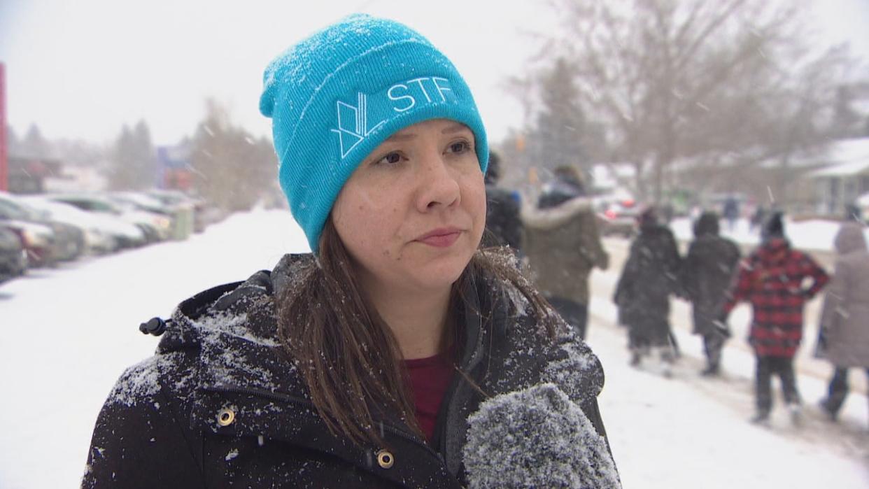 Samantha Becotte is the president of the Saskatchewan Teachers' Federation. On Tuesday she once again raised that other provinces hav included class size and complexity in contracts with teachers. (CBC - image credit)