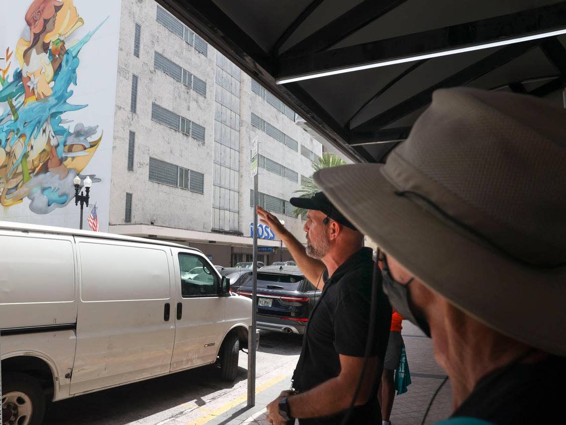 A mural is pointed out to the Miami Dolphins rookie class during a historic walking tour of Downtown Miami with local community groups on Wednesday, June 15, 2022 beginning with tour leaders at the History Miami Museum.