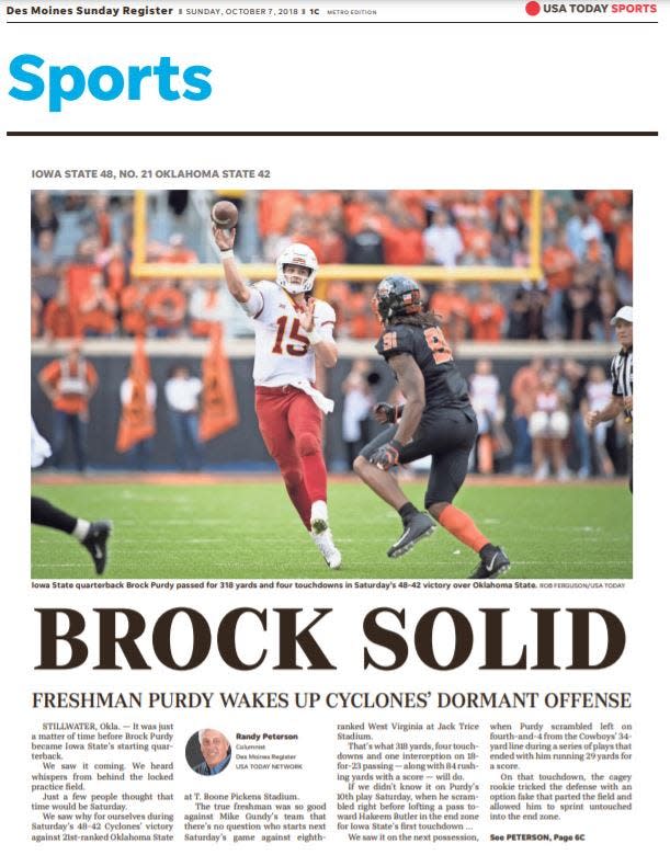 Des Moines Register front page after Brock Purdy's breakout game at Oklahoma State in 2018.