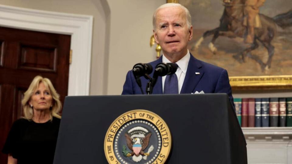 U.S. President Joe Biden delivers remarks from the Roosevelt Room of the White House as first lady Jill Biden looks on concerning the mass shooting at a Texas elementary school on May 24, 2022 in Washington, DC. (Photo by Anna Moneymaker/Getty Images)