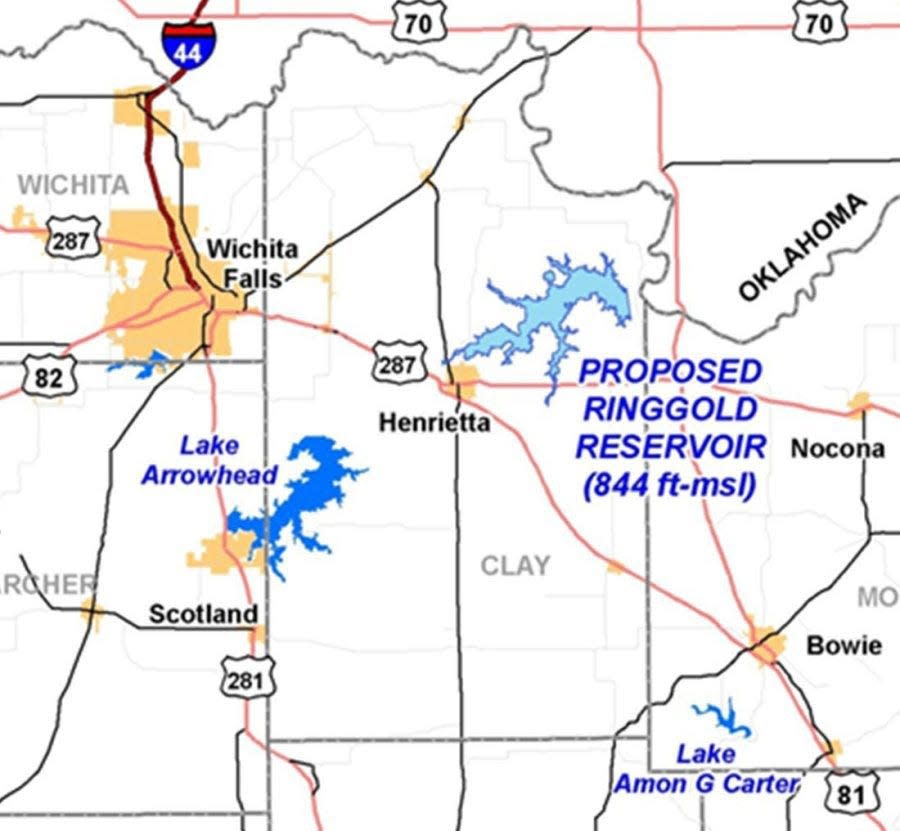 The proposed location of Lake Ringgold is northeast of Henrietta, the county seat of Clay County.