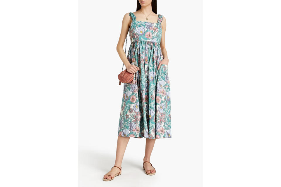 TORY BURCH Gathered floral-print cotton-blend poplin midi dress. (Photo: The Outnet)