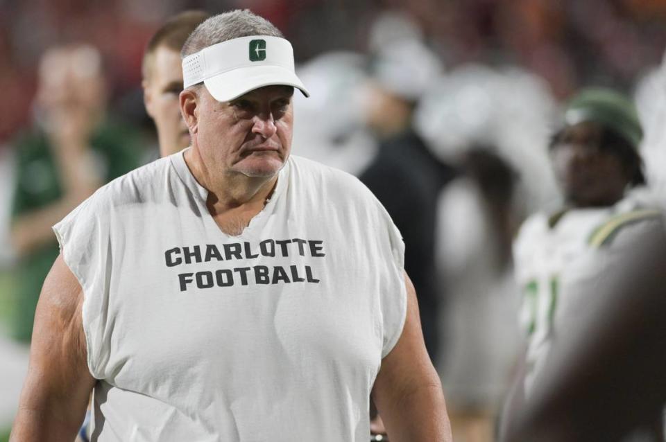 In September, Charlotte 49ers head coach Biff Poggi walked the sidelines during the first half of a game against Maryland.