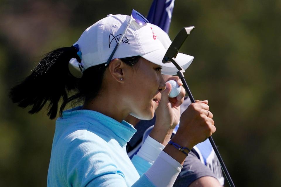 Westlake High graduate Danielle Kang celebrates after making eagle on the eighth hole during the final round of the LPGA MEDIHEAL Championship on Sunday at The Saticoy Club in Somis.