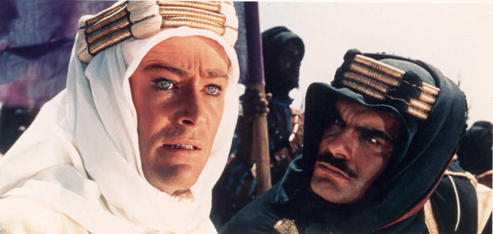 Headshot of Irish actor Peter O'Toole (L) and Egyptian-born actor Omar Sharif in a still from the film, 'Lawrence of Arabia,' directed by David Lean, 1962. (Photo by Columbia Pictures/Courtesy of Getty Images)