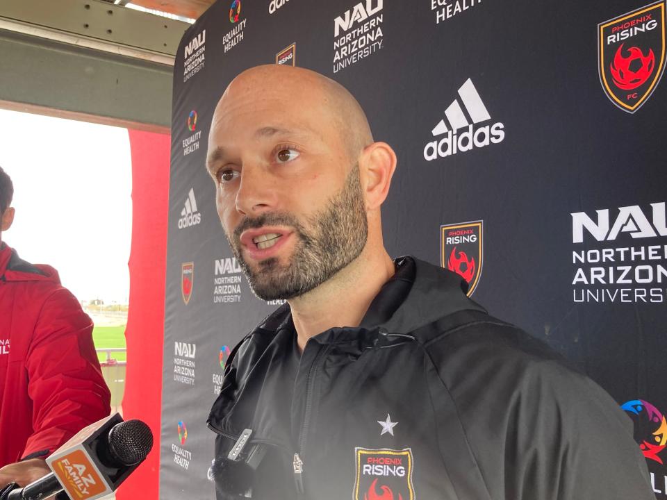 New Phoenix Rising FC head coach Danny Stone talks to media members on Jan. 22, 2024, after the team opened training camp for the season.