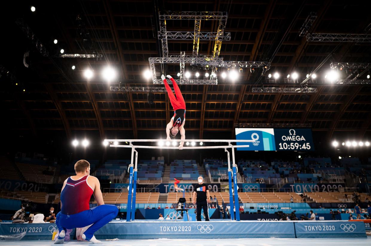 A Russian gymnast takes part in a training session at the Ariake Gymnastics Centre in Tokyo (Getty)