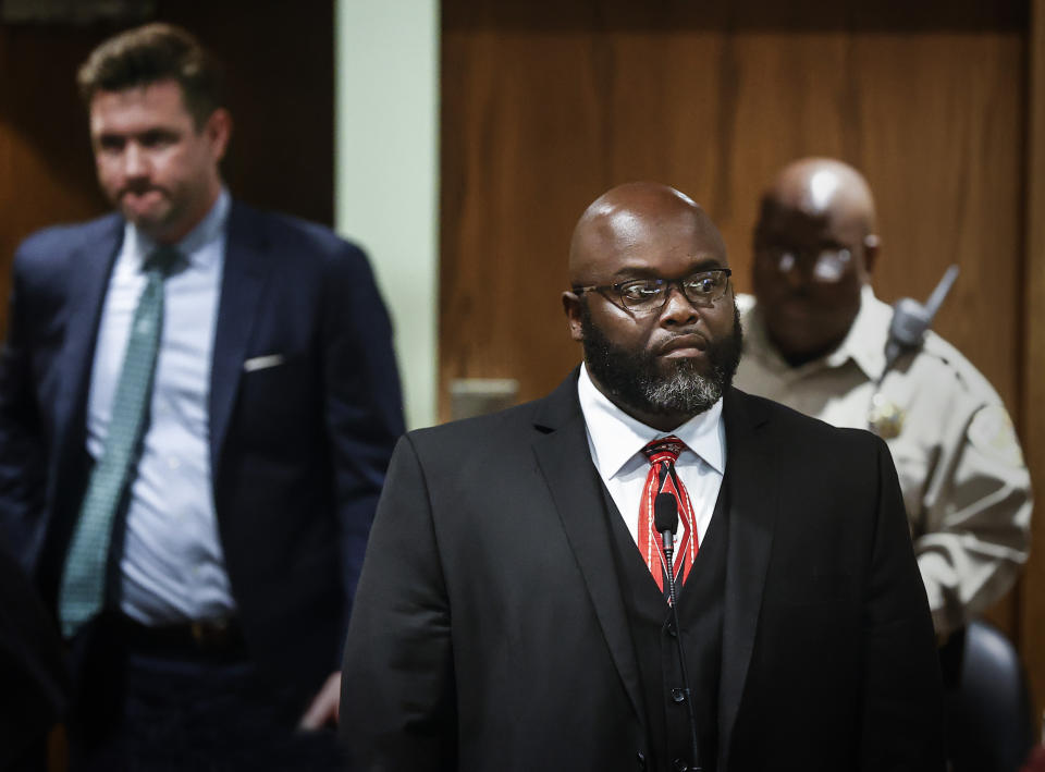 Shelby County Corrections deputy Jeffrey Gibson appears in court, Friday, Oct. 27, 2023, in Memphis, Tenn., after being charged in the beating and death of Shelby County Jail inmate Gershun Freeman in 2022. (Mark Weber/Daily Memphian via AP)