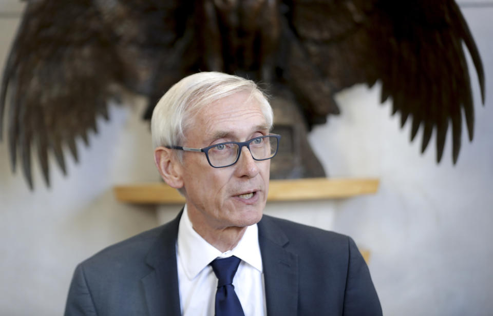 FILE- In this Dec. 14, 2018, file photo Governor-elect Tony Evers holds a news conference in Madison, Wis. Wisconsin's new legislative session begins Jan. 7 with Democrats still seething over a Republican lame-duck session that weakened incoming Democratic Gov. Tony Evers' powers. (Steve Apps/Wisconsin State Journal via AP, File)