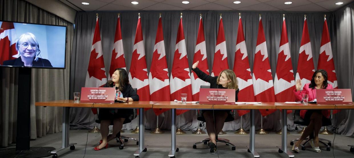 <span class="caption">A sign of things to come? Finance Minister Chrystia Freeland, centre, is seen with Minister of Public Services and Procurement Anita Anand, right, and Mary Ng, Minister of International Trade, Small Business and Export Promotion, left, and Health Minister Patty Hajdu on the video screen.</span> <span class="attribution"><span class="source">THE CANADIAN PRESS/Cole Burston</span></span>