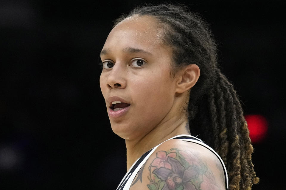 FILE - Phoenix Mercury center Brittney Griner during the first half of Game 2 of basketball's WNBA Finals against the Chicago Sky, Oct. 13, 2021, in Phoenix. As WNBA star and two-time U.S. Olympic gold medalist Brittney Griner approaches the three-month mark of her detention in Russia, she faces no clear prospect of release. The Phoenix Mercury All-Star center may as early as Friday May 12, 2022, face a Moscow court hearing, which is likely to extend her pre-trial detention (AP Photo/Rick Scuteri, File)