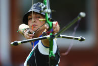 LONDON, ENGLAND - AUGUST 01: Jessica Tomasi of Italy competes in her Women's Individual Archery 1/32 Eliminations match against Hyeonju Choi of Korea during the Women's Individual Archery on Day 5 of the London 2012 Olympic Games at Lord's Cricket Ground on August 1, 2012 in London, England. (Photo by Paul Gilham/Getty Images)