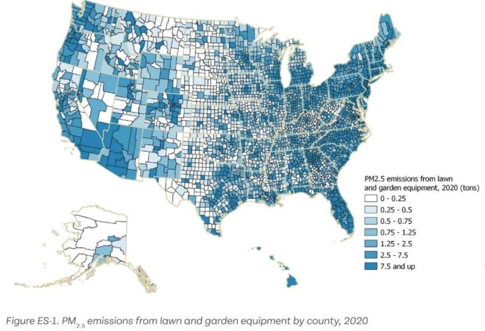 This map shows fine particulate pollution from lawn and garden equipment by county in 2020 by the tons.