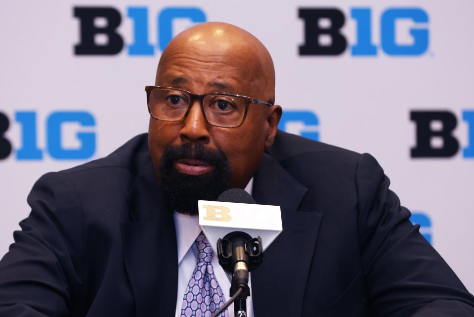 Oct 3, 2024; Rosemont, IL, USA; Indiana head coach Mike Woodson takes a question at the podium during the 2024 Big Ten Men’s Basketball media day at Donald E. Stephens Convention Center. Mandatory Credit: Melissa Tamez-Imagn Images