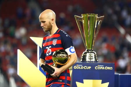 Jul 26, 2017; Santa Clara, CA, USA; United States midfielder Michael Bradley holds th trophy for best player of the tournament after defeating Jamaica during the CONCACAF Gold Cup final at Levi's Stadium. Mandatory Credit: Mark J. Rebilas-USA TODAY Sports