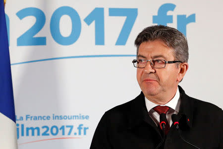 Jean-Luc Melenchon, candidate of the French far-left Parti de Gauche and candidate for the French 2017 presidential election, leaves after speaking to supporters after the first round of 2017 French presidential election in Paris, France, April 23, 2017. REUTERS/Stephane Mahe