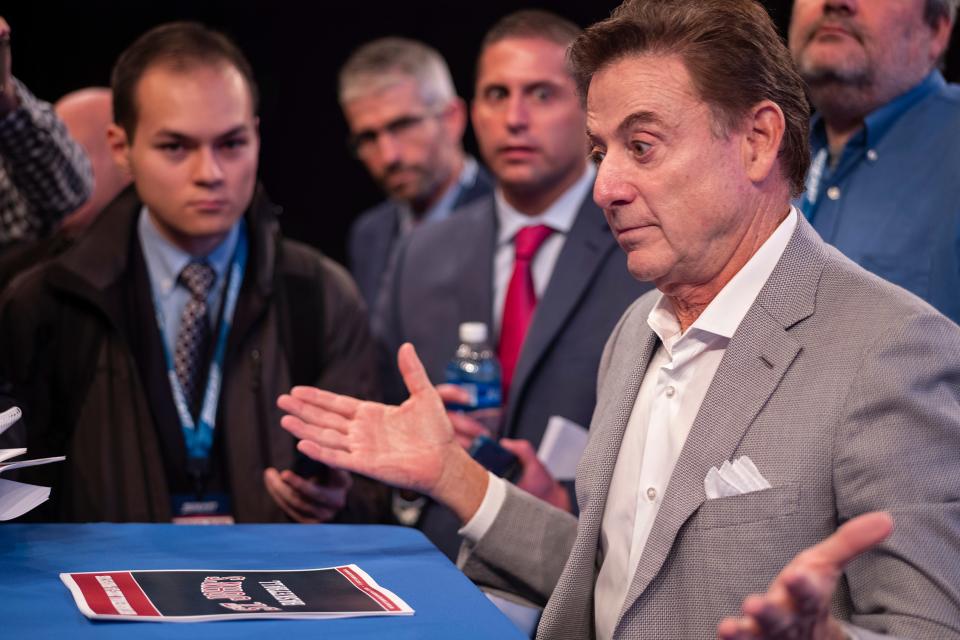 St. John's coach Rick Pitino speaks during the Big East Media Day, Tuesday at Madison Square Garden.